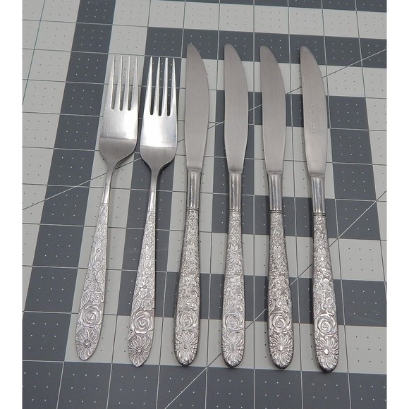 Stanley Roberts Rose Royale Stainless Steel Knives Forks Taiwan Lot of 6 - Picture 1 of 9